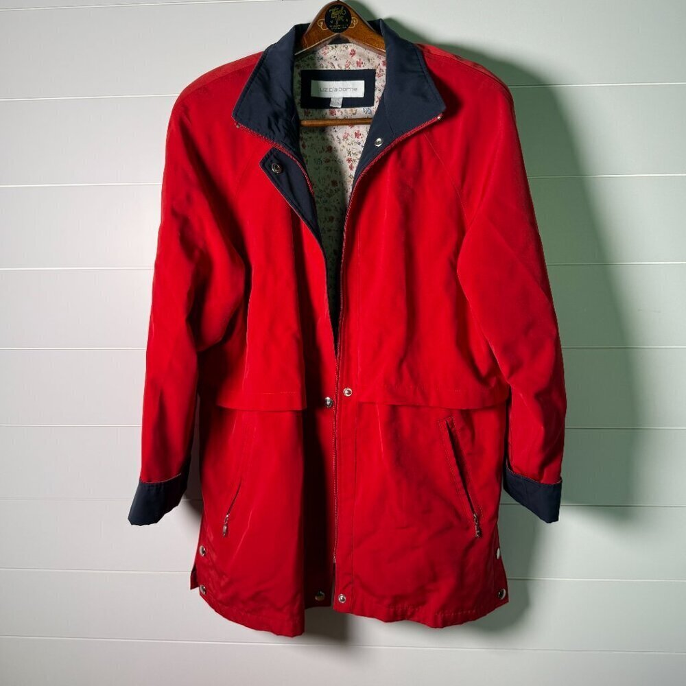 Liz Claiborne Red Rain Storm Flap Jacket/Trench, Size: Large